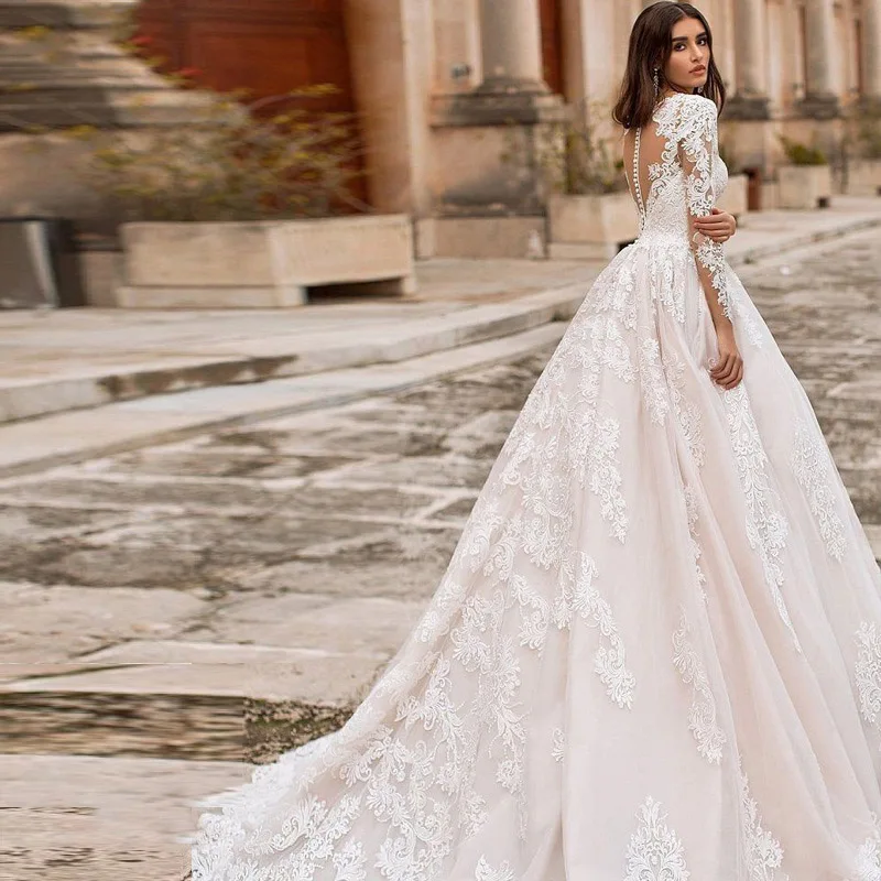 Eightree Vintage V-neck A-line Wedding Dresses Beach Long Sleeves Bridal De Mariage Elegant Lace Gowns Illusion Back | Свадьбы и