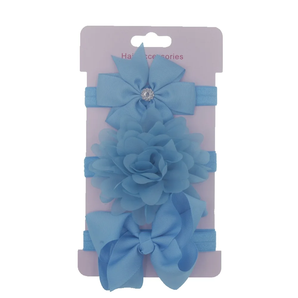 blue Nishine/3 шт./лот; бант из ленты; шифоновая повязка на голову с цветочным узором для маленьких девочек; милые детские ленты для волос с бантом; комплект головных уборов; реквизит для фотосессии - Цвет: blue