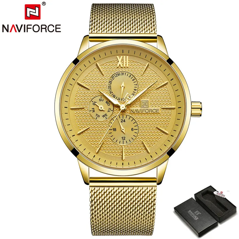 NAVIFORCE Брендовые мужские модные спортивные кварцевые наручные часы, мужские повседневные водонепроницаемые деловые часы с ремешком и стальным сетчатым ремешком, Relogio Masculino - Цвет: Gold -Box