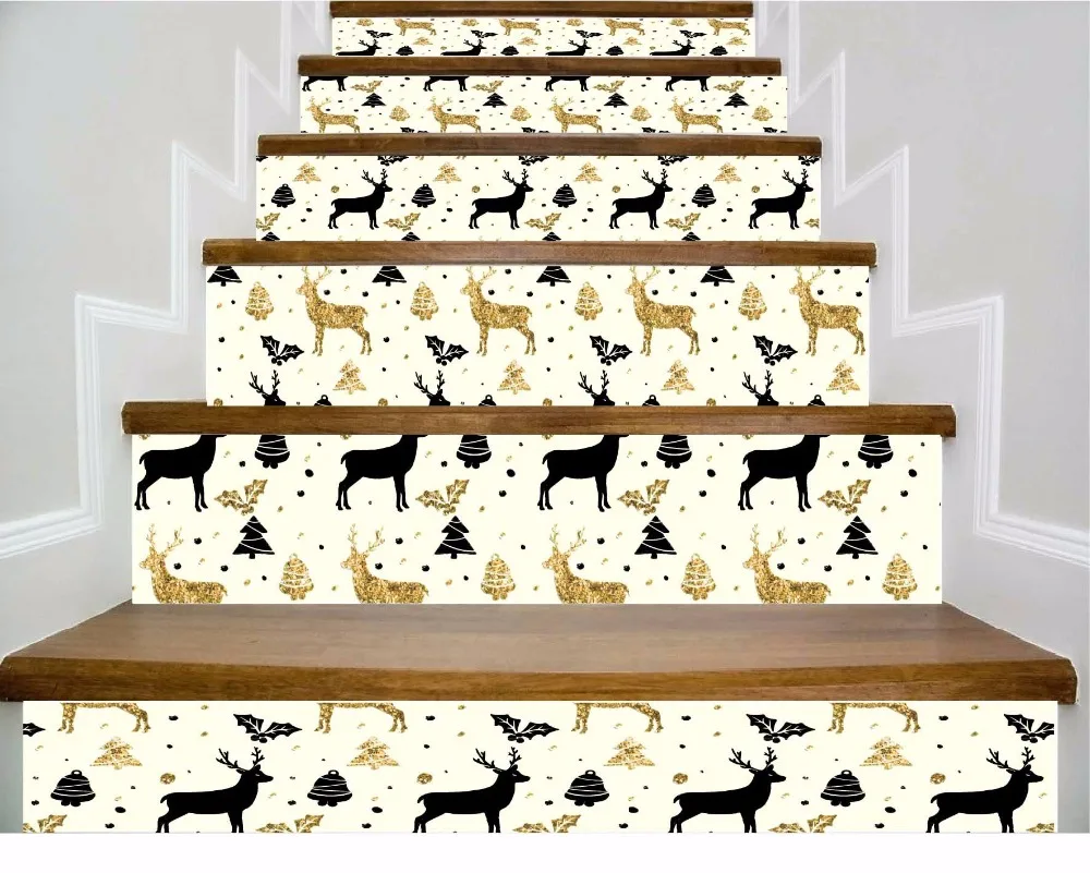 

6pcs/set 18cm x 100cm Happy New Year Black Deer Golden Deer Merry Christmas Stair Sticker Wallpaper LTT053