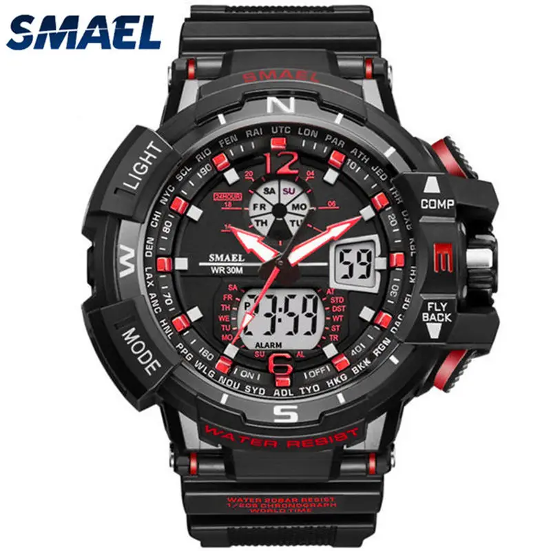 black red SMAEL мужские часы лучший бренд класса люкс кварцевые цифровые часы Мужские Военные Спортивные Водонепроницаемые наручные часы Relogio Masculino - Цвет: black red