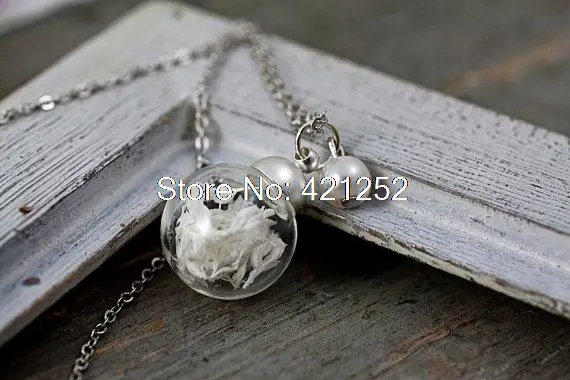 

8pcs MINI real flower necklace - filled with real dried baby's breath and attached white pearl. Tiny delicate necklace for her
