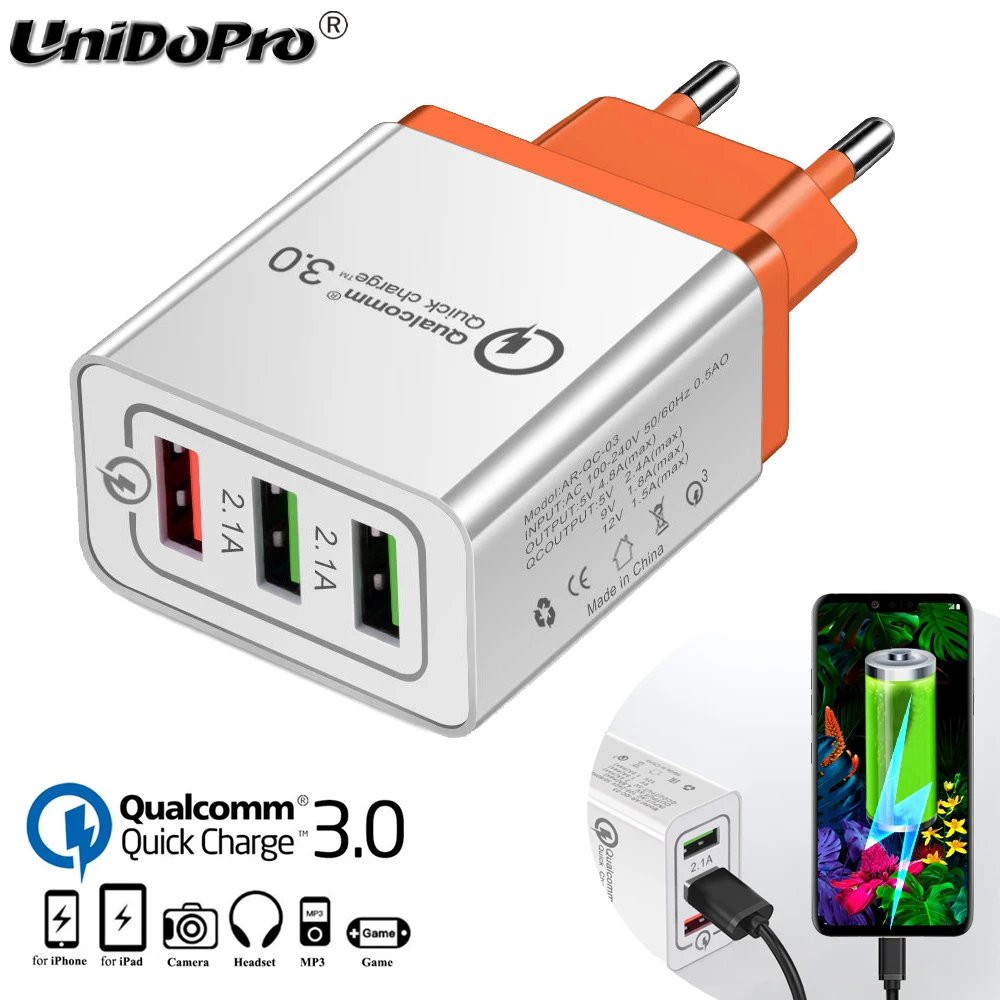 Сетевое зарядное устройство с 3 мя USB портами QC 0 для LG G8 G7 G6 G5 V50 ThinQ V40 V35 V30S V20 K30 K20 Q9 Q8