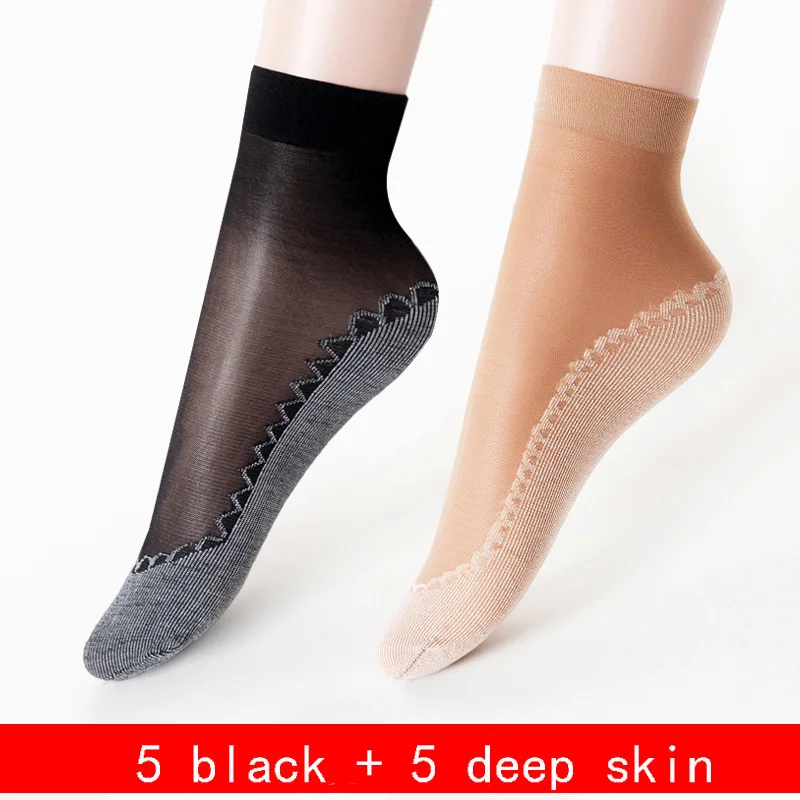 5black-5deep-skin 10 пар/упак. бархатные шелковые женские носки хлопковые носки с мягкой нескользящей подошвой, впитывающие влагу, Нескользящие летние и осенние носки - Цвет: 5black-5deep-skin