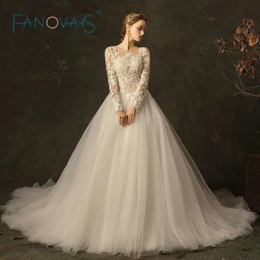 2019 С Длинным Рукавом Кружева Свадебное Платье Принцесса Vestido Dе Noiva Женщины Белое