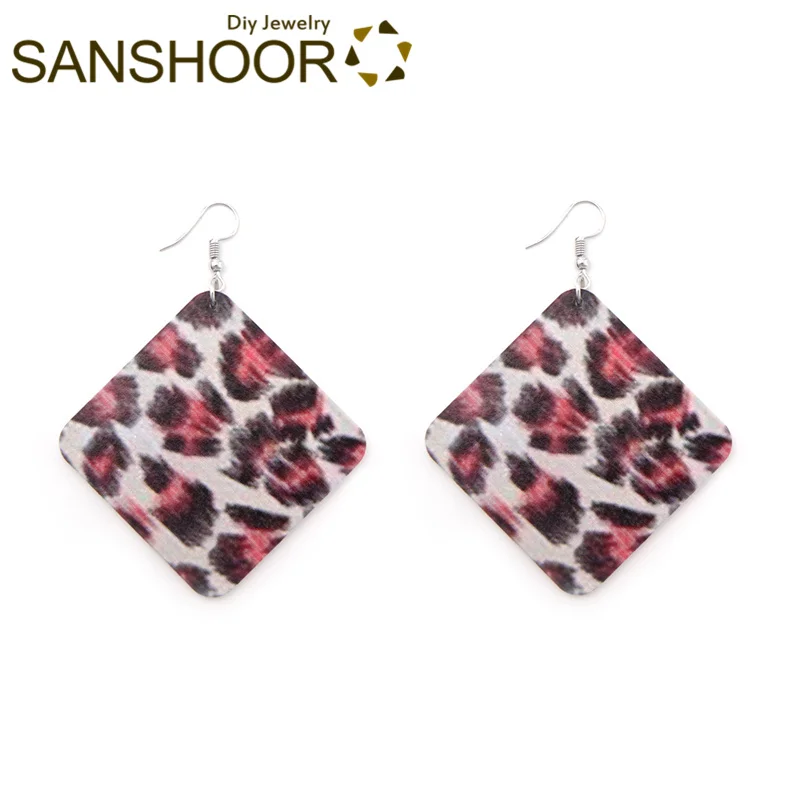 SANSHOOR Afro Square Wooden Drop Earrings With African Animal Skin Pattern Tribe Ethnic Jewelry As Women Christmas Gift 6Pairs | Украшения