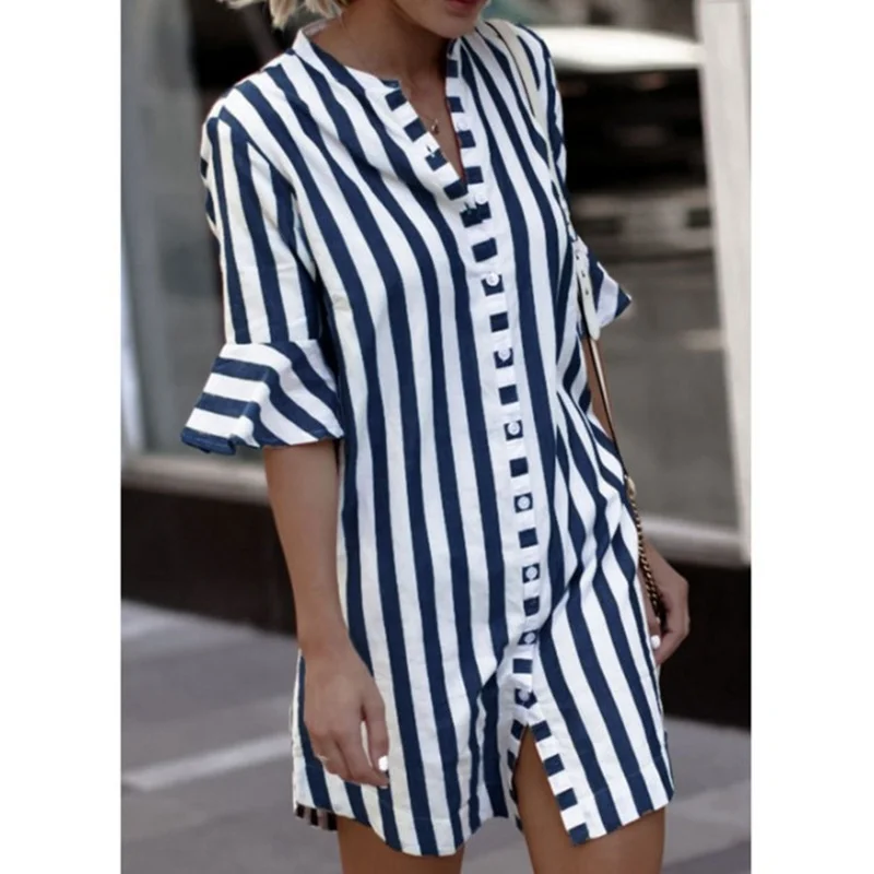 Summer Women Blouses Horn Sleeve Striped Half Tops Long Girl Blouse Ladies Trumpet Sleeves Female Shirt Top | Женская одежда