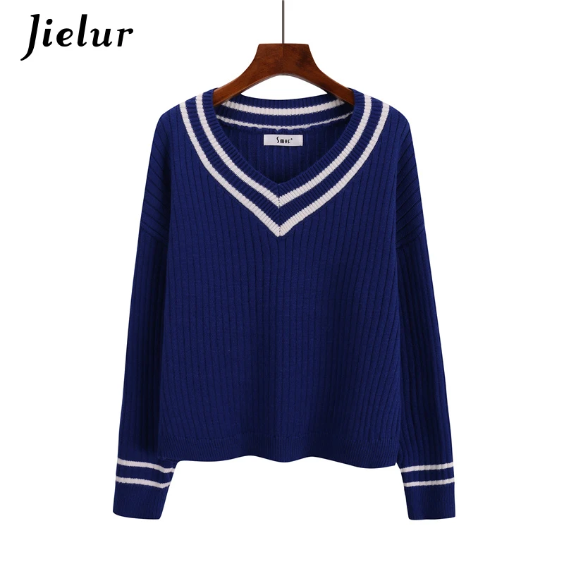 Jielur Crop Top Sweater Striped V-neck Korean Classic College Student Female Loose Sweaters Fashion 2019 Women Knitwear | Женская одежда