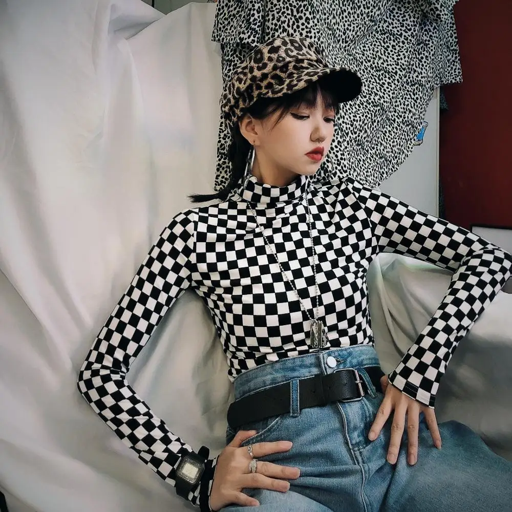 Jasmine summer thin black and white plaid take a T-shirts female hip-hop Hong Kong long-sleeved T-shirt tees | Женская одежда