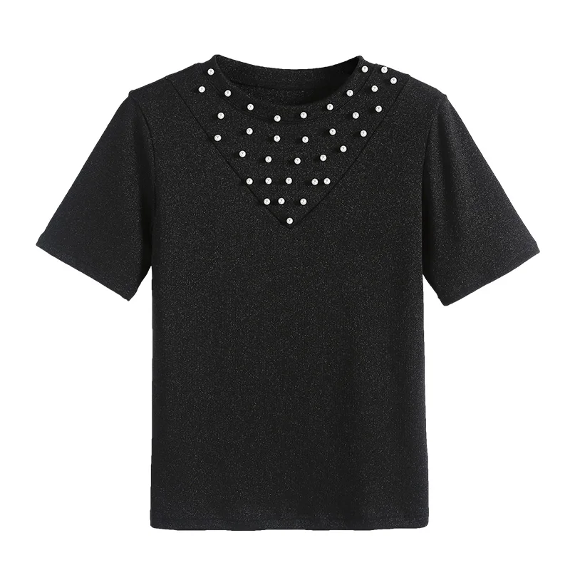 2018 футболки Для женщин Бисер летняя футболка Женские Модные Топы Camiseta v образным