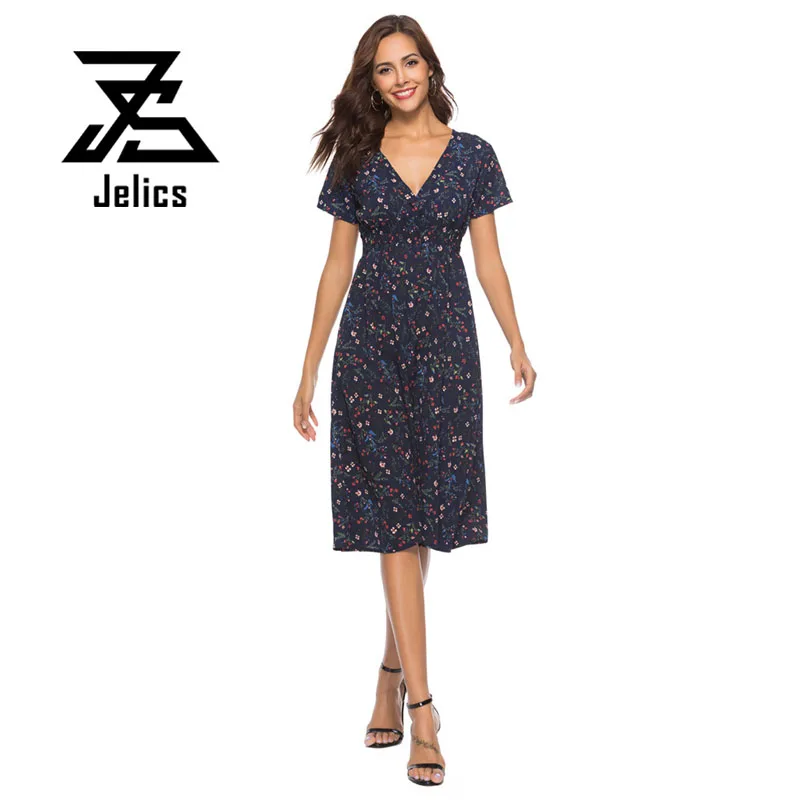 

Jelics богемное летнее Повседневное платье миди с коротким рукавом с цветочным принтом и v-образным вырезом, свободное платье трапециевидной ф...