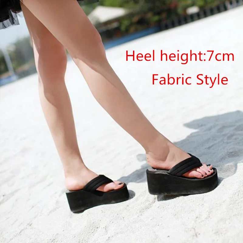 black fabric 7cm Женские пляжные вьетнамки; Летняя обувь на очень высоком каблуке; женские босоножки на танкетке без застежки; шикарный стиль; женские модные шлепанцы; SH041101 - Цвет: black fabric 7cm