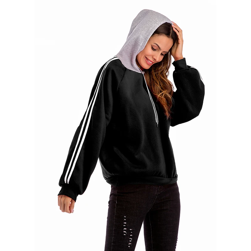 CINESSD Women Hooded Sweatshirt White Drawstring Long Sleeves Striped Patchwork Casual Loose Tops Black Lady Pullover Hoodies | Женская
