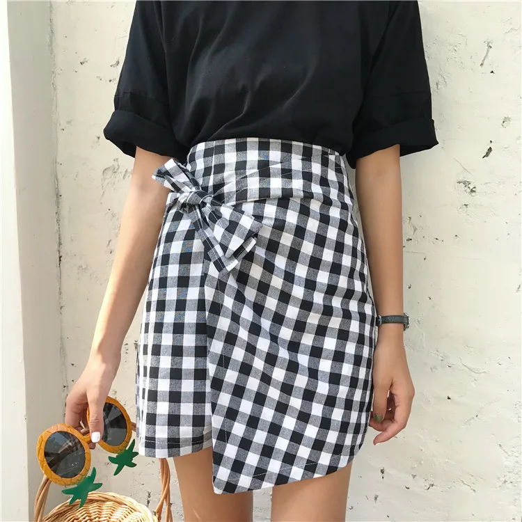2017 Новая уникальная хлопковая черно-белая юбка в клетку с узлом и высокой талией
