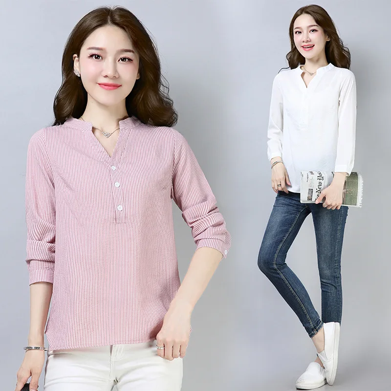 Plus Size 4XL 2019 Summer Fashion Cotton Linen Women Striped Blouse Shirts Lady For Work Long Sleeve Tops Female Clothing Blusa |