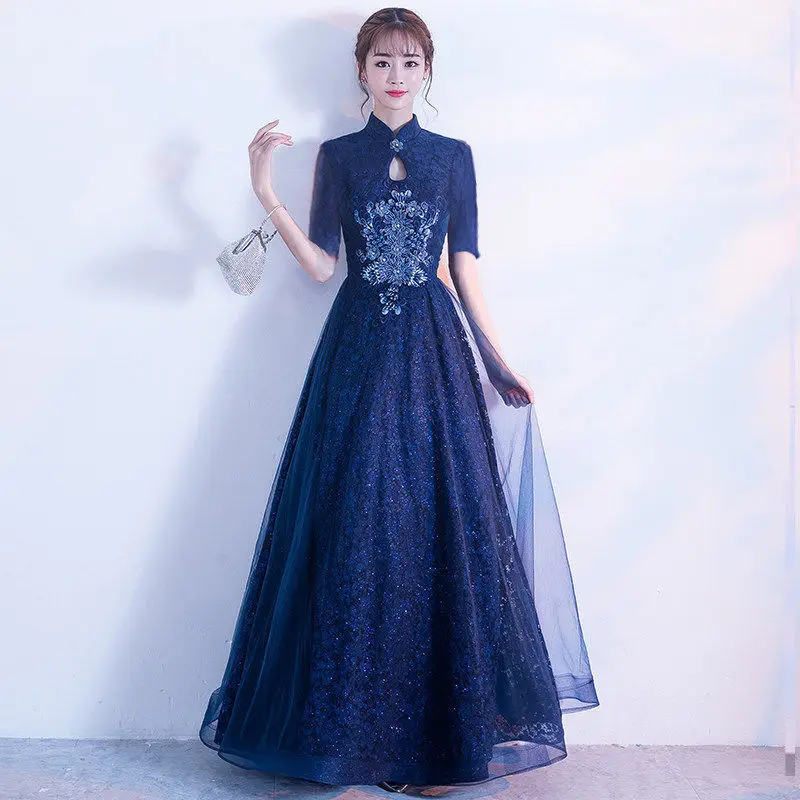 Китайское традиционное платье Qipao длинное Ципао с короткими рукавами вечерние