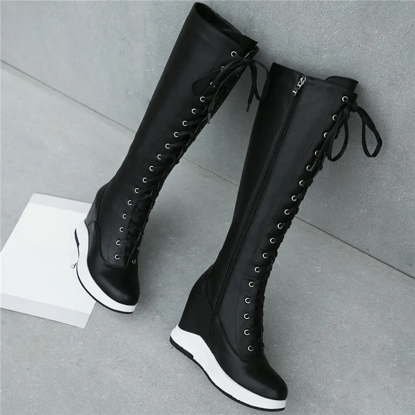Thigh High Boots Women Genuine Leather Lace Up Knee High Booties Wedges High Heel Tall Shaft Punk Sneakers Winter Punk Creepers
