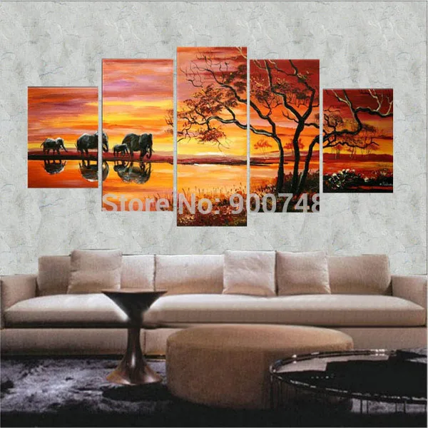 Ручная работа пейзаж картина маслом на холсте Восход Африканские слоны