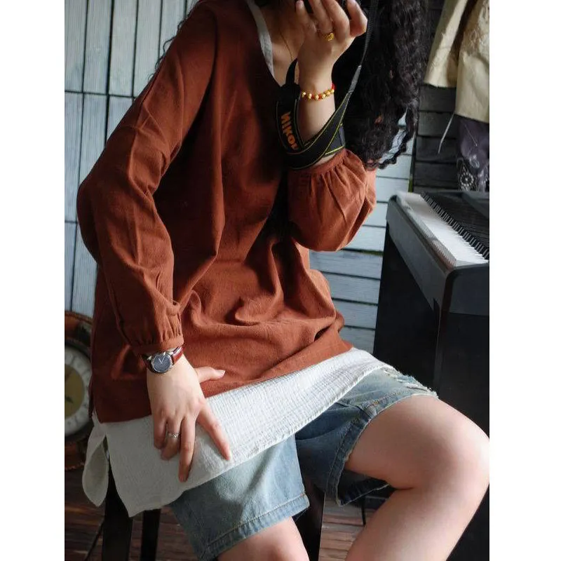 Асимметричная 2017 Осенняя Базовая свободная футболка с круглым вырезом короткая