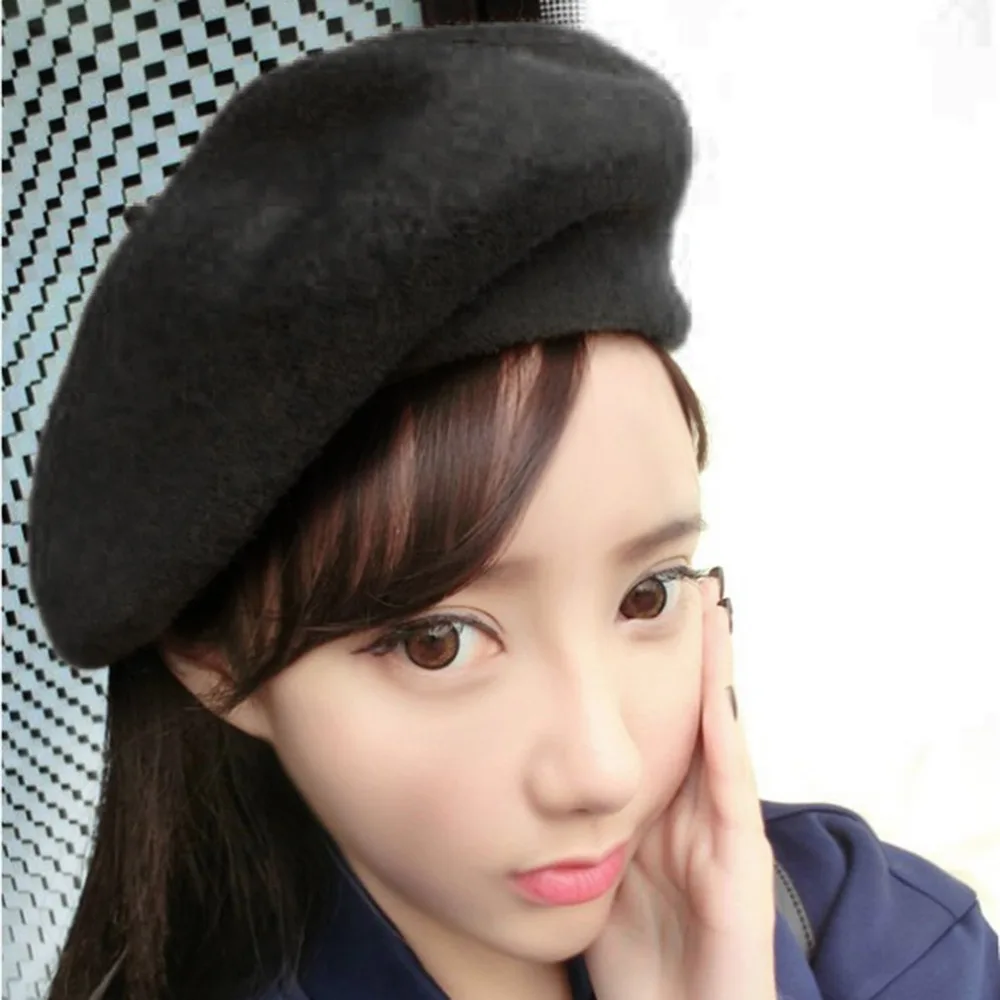 Стильный беретик Одноцветный теплый шерстяной зимний тонкий Женский для девушек