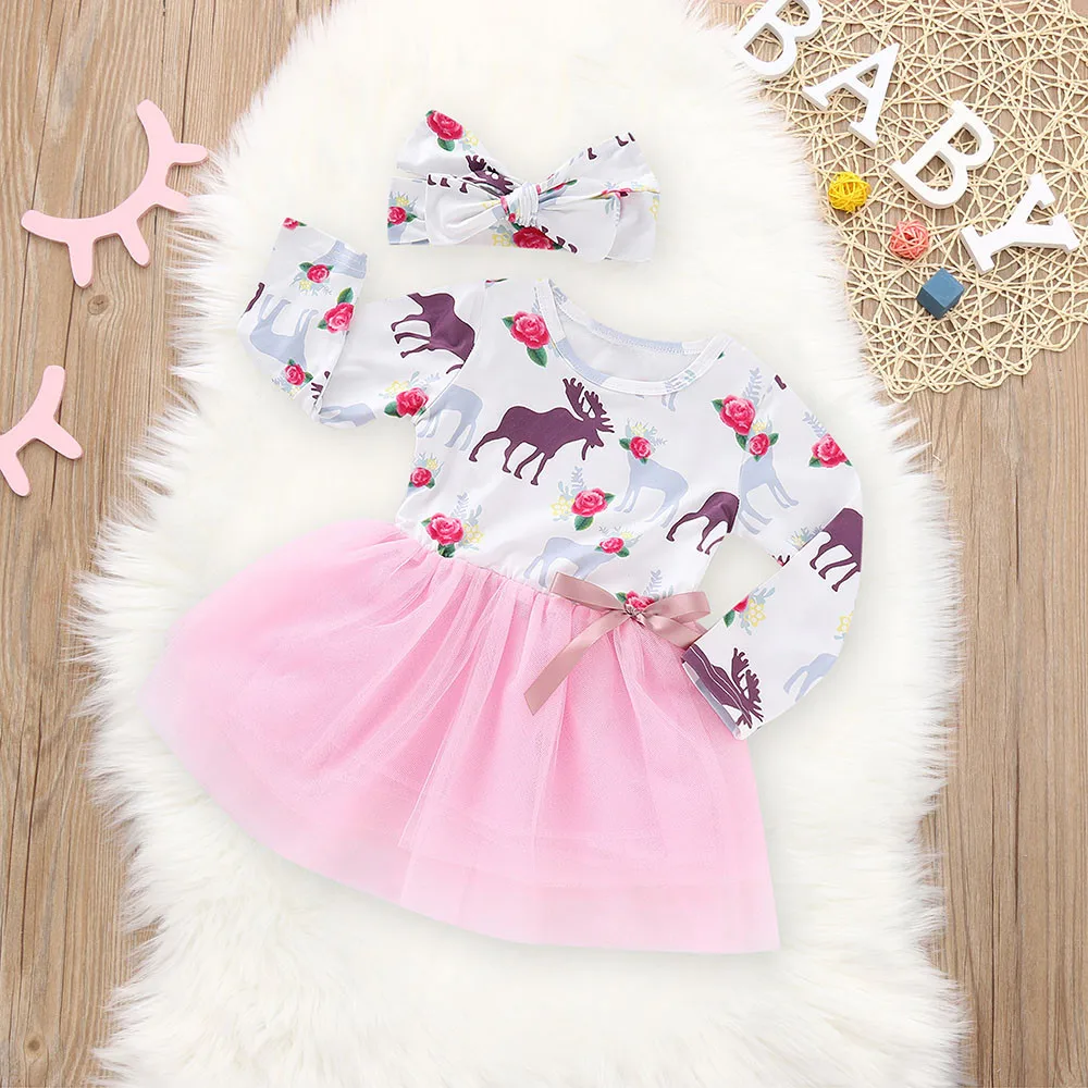 Girls Dress Infant Baby Cartoon Deers Print Tutu Tulle Christmas Party Princess Headbands Outfits Set T6# | Детская одежда и обувь
