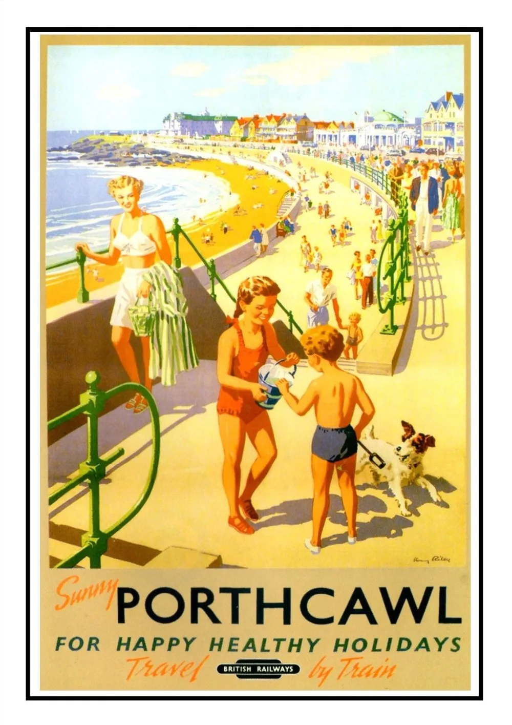 Porthcawl (4) Южное коречие Америки старинный Железнодорожный Шелковый плакат
