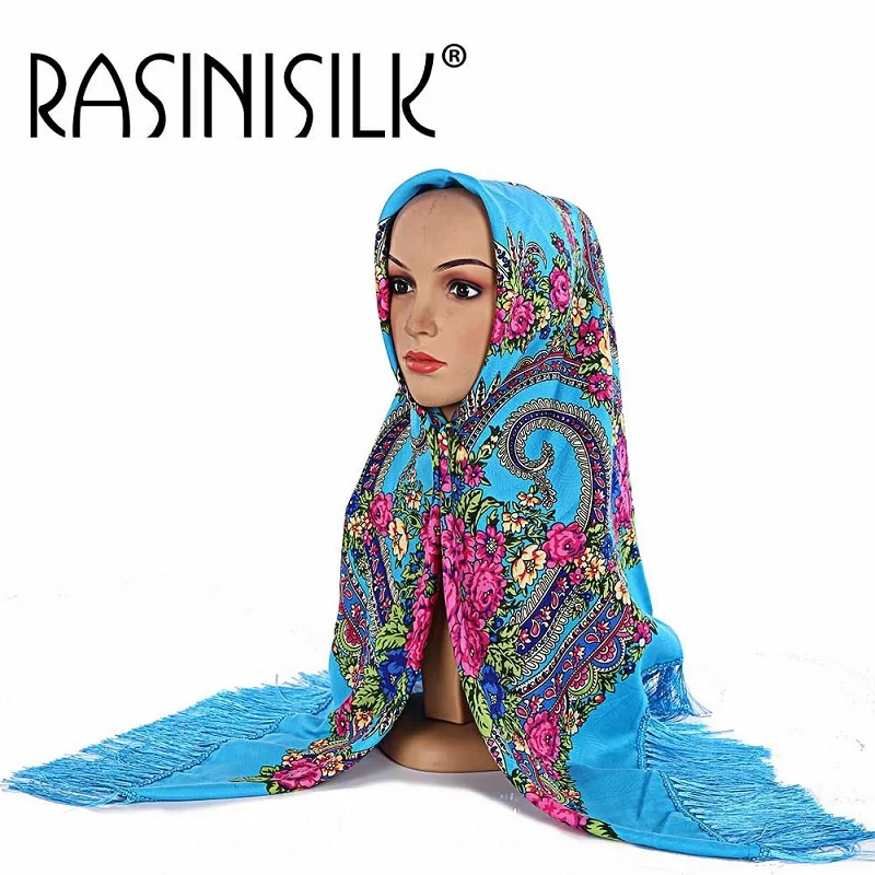 peacock blue Русский Национальный стиль, женский большой шарф с кисточками, квадратный платок из пашмины, винтажный принт, зимний мусульманский хиджаб 120x120 см - Цвет: peacock blue