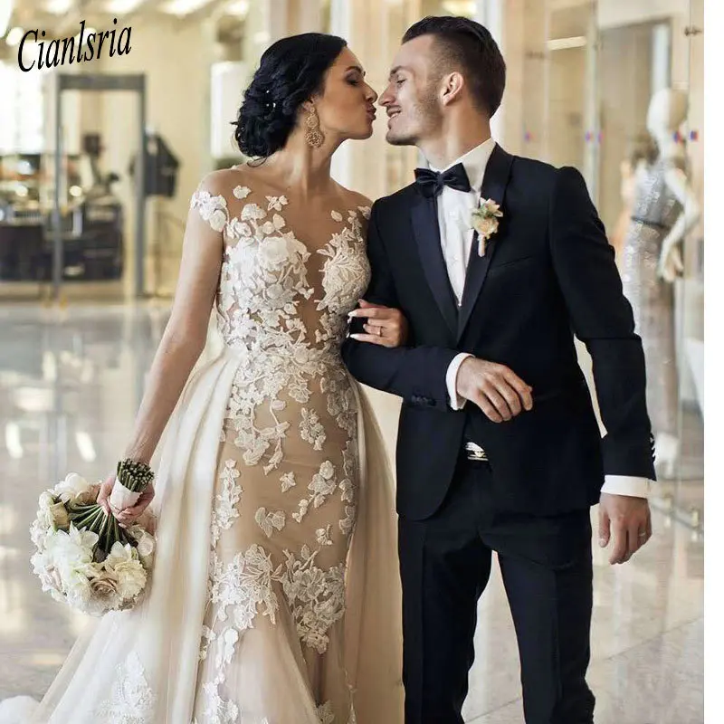 same as pic Свадебное кружевное платье с элегантным съемным воротником и шлейфом, модель года, сексуальное свадебное платье цвета шампанского с открытой спиной и коротким рукавом - Цвет: same as pic
