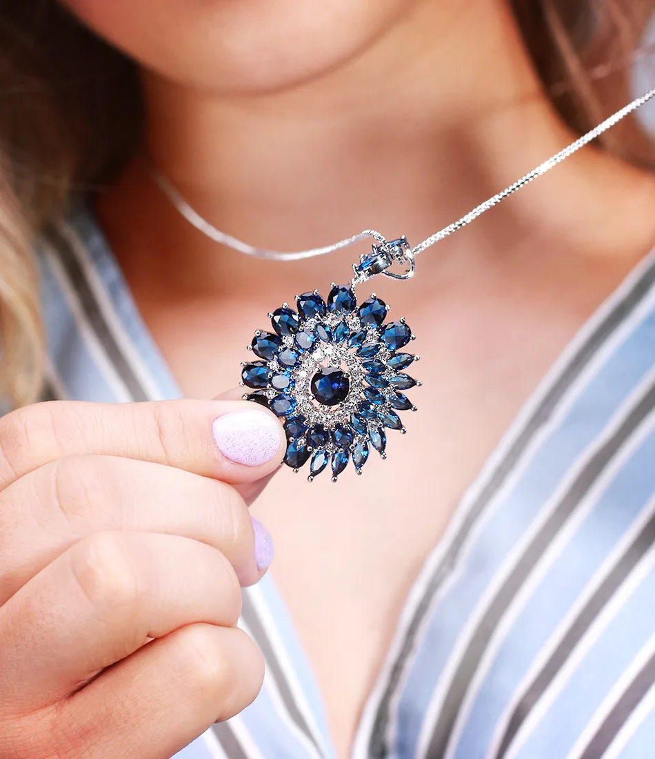 ORSA JEWELS Роскошные серьги синие кольцо из кубического циркония, подвеска, женские ожерелья с цветочным рисунком Форма кулон с длинной цепью женские ювелирные украшения ON143