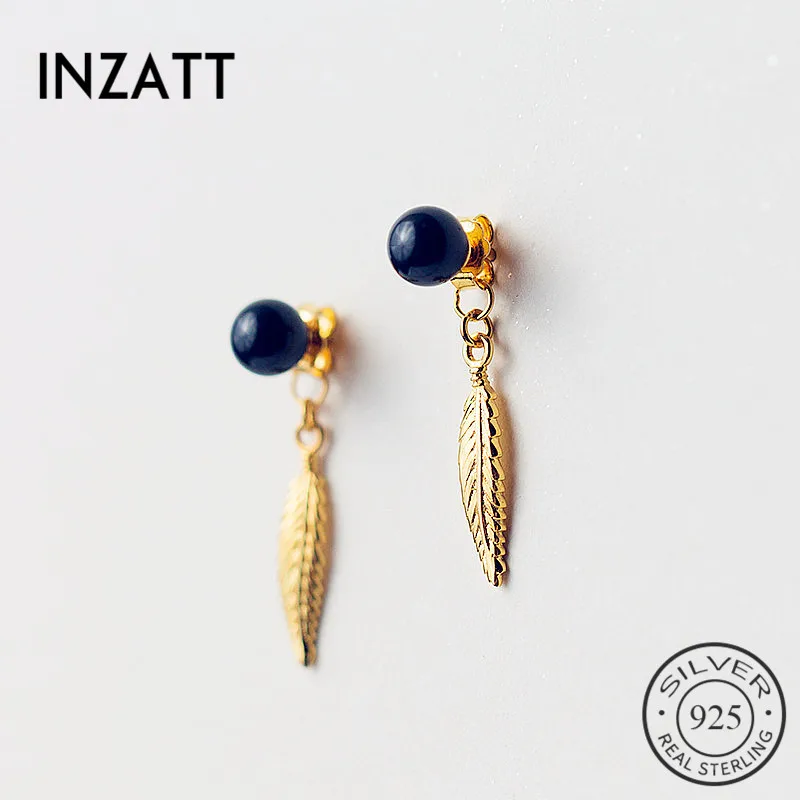 Женские серьги-подвески INZATT Boho с золотым пером и черным жемчугом модные