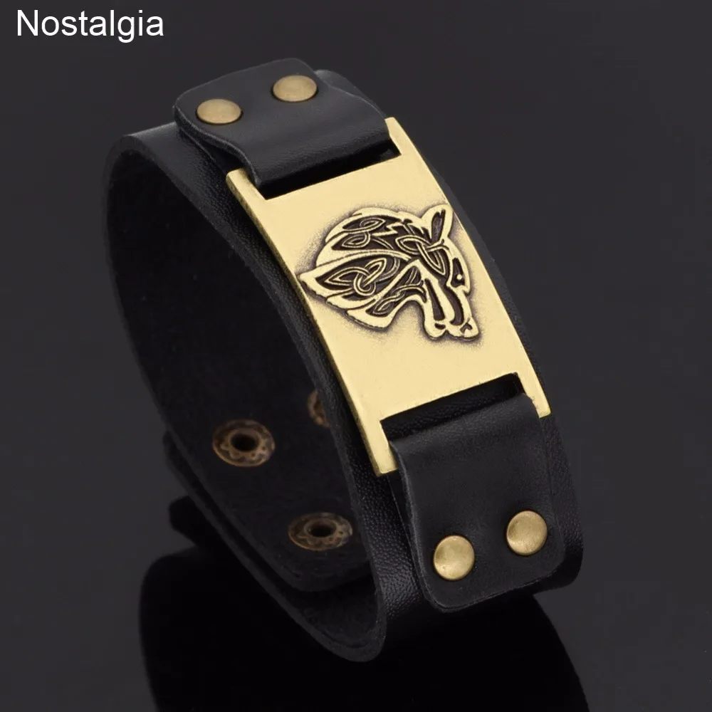 Nostalgia Teen Wolf Amulet Black Leather Jewelry Wide Cuff Bangle Bracelet Viking Animal Trinity Knot Talisman | Украшения и