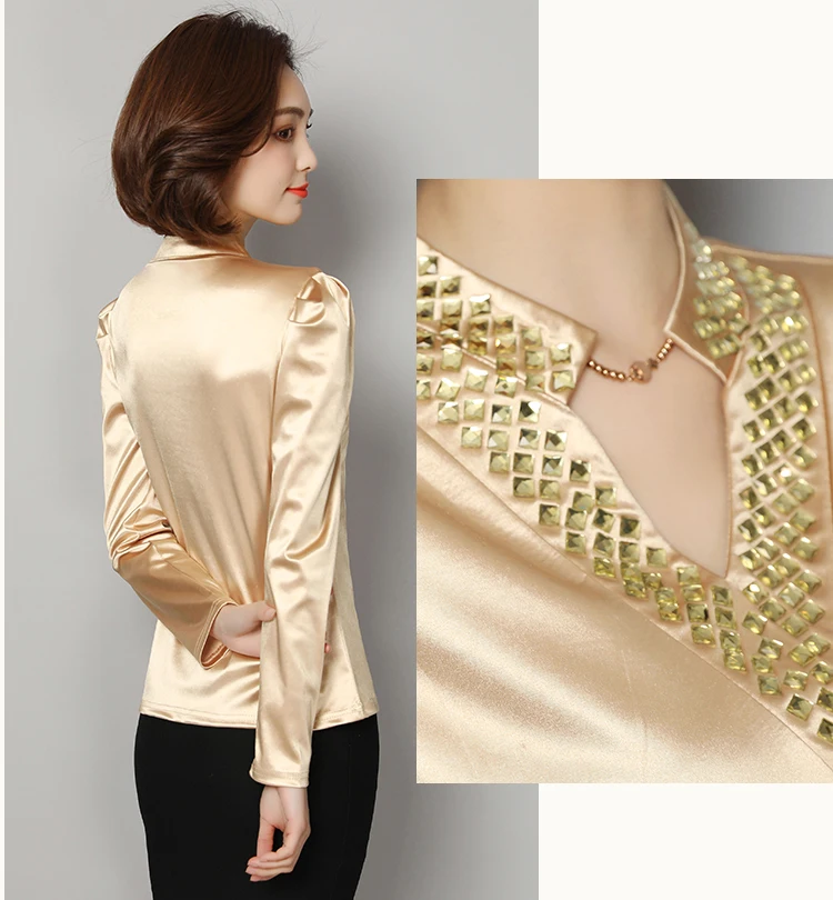 2019 для женщин шелковый атлас блузка с v-образным вырезом бриллианты рубашки