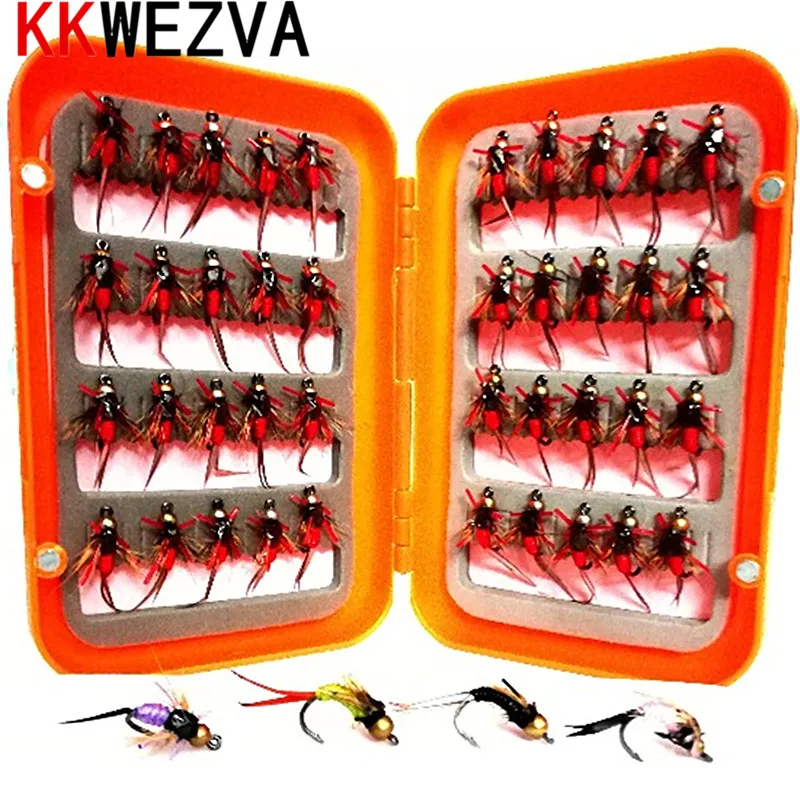 KKWEZVA 40 шт. с коробкой, приманка для ловли нахлыстом, насекомые, разный стиль, лосось, мухи, форель, одиночная сухая муха, рыболовные приманки, рыболовные снасти