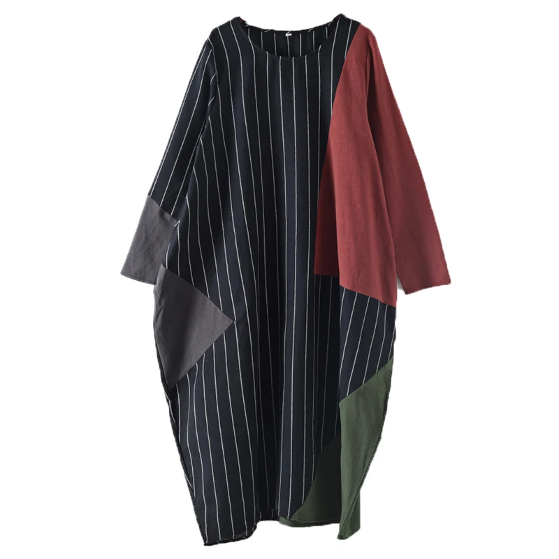 Johnature Women Large Size Long Dresses New 2020 Spring Casual Patchwork Striped O-Neck Loose Waist Sleeve | Женская одежда
