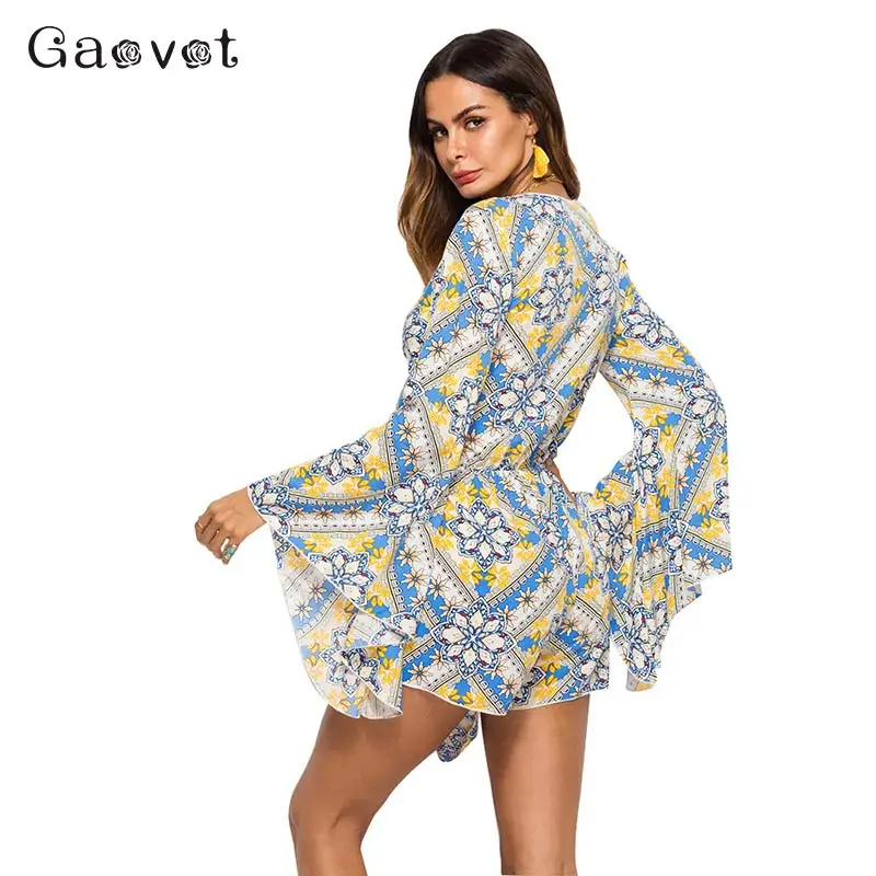 Gaovot Boho Print пляжные Летние Комбинезоны женские длинные расклешенные рукава мини
