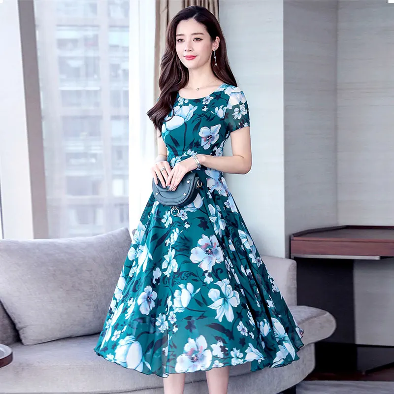 Women's Summer Dress 2019 New Printed Chiffon Dresses Slim Was Thin Bohemian Beach Female Round Neck Short Sleeve Vestidos G256 | Женская