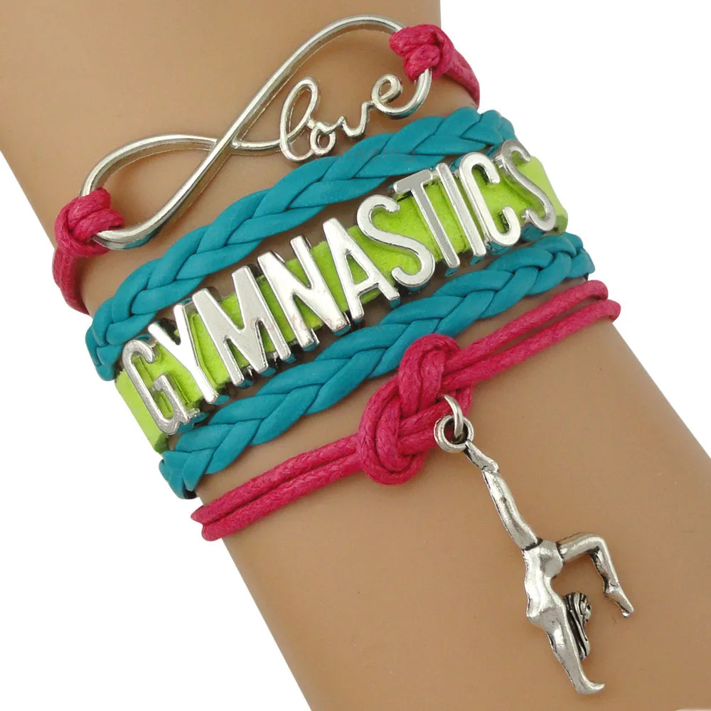 

Gymnastics Love Infinity Charm Bracelets Sports Jewelry Pink Green Wax Cords Girl Boys Gift Many Styles to Choose