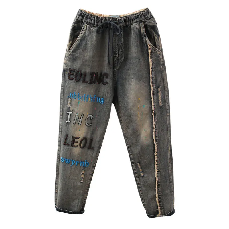 

New Arrival Spring Fashion Women Jeans Elastic Waist Loose Denim Harem Pants Ladies Ripped Vintage Embroidery letter Jeans D108
