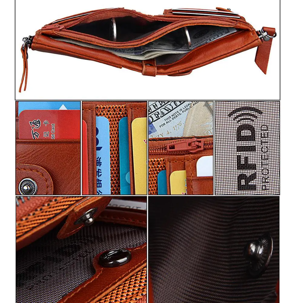 Banabanma Genuine Wallet Cowhide Leather Men Wallets Double Zipper Short Purse Coin Pockets Anti RFID Card Holders Wallet Men 40
