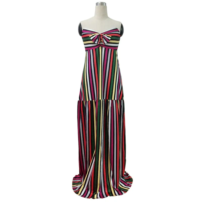 Женское длинное платье в радужную полоску с бантом летнее пляжное без бретелек