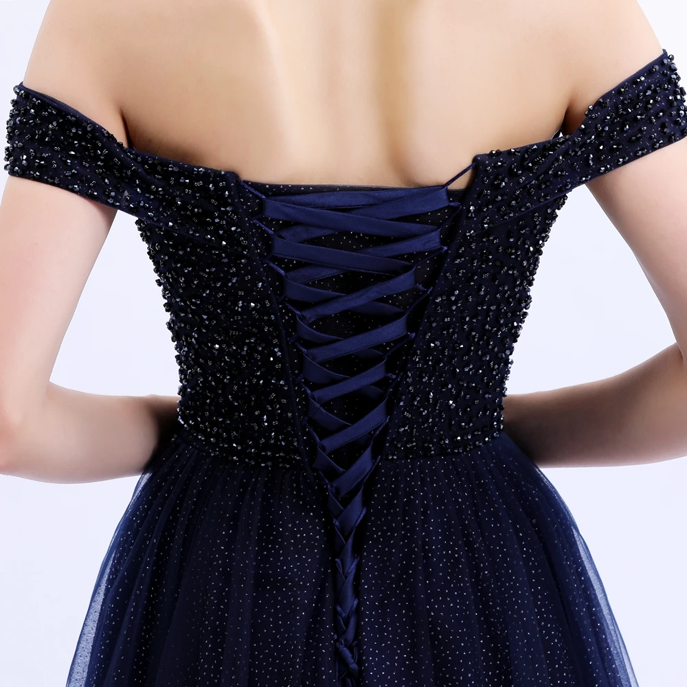 SSYFashion, новинка, Платья для особых случаев, женские, элегантные, темно-синие, с вырезом лодочкой, с блестками, с бисером, вечерние, вечерние платья, Vestido De Noche