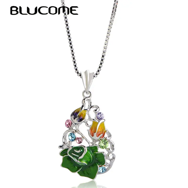 Blucome 2018 Мода зелёная эмаль цветок розы Длинная цепочка с подвеской из сплава