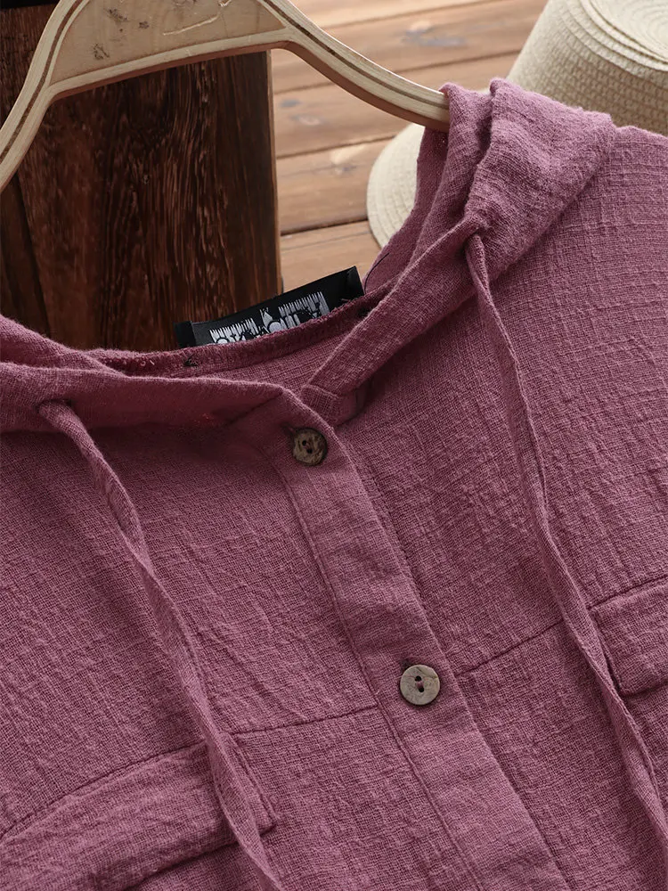 Блузка размера плюс 5xl из хлопка и льна с длинным рукавом, модные винтажные Ретро топы Харадзюку, женская одежда на пуговицах с капюшоном, платье-рубашка