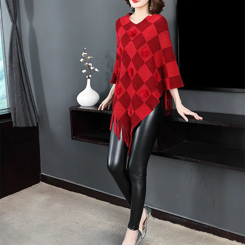 New Fashion Spring Women Red Scarf Shawl Poncho Knitted Pullover Batwing Square Tassel Sweater Sleeve And Capes | Женская одежда