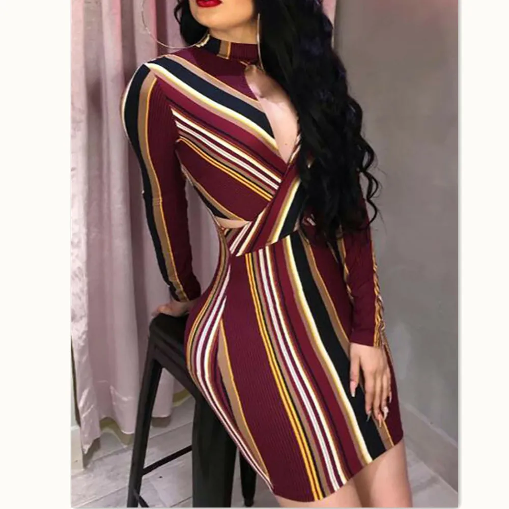 

Summer Pencil Dresses 2019 NEW Women Summer Sexy V-Neck Long Sleeve Skinny Short Striped Pencil Dress