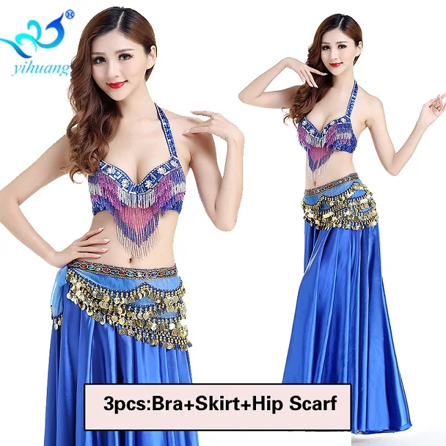Royal Blue 3pcs Восточный танец живота костюм представление наряды Хэллоуин вечерние бюстгальтер хип шарф Болливуд египетская юбка блестками кисточкой - Цвет: Royal Blue 3pcs