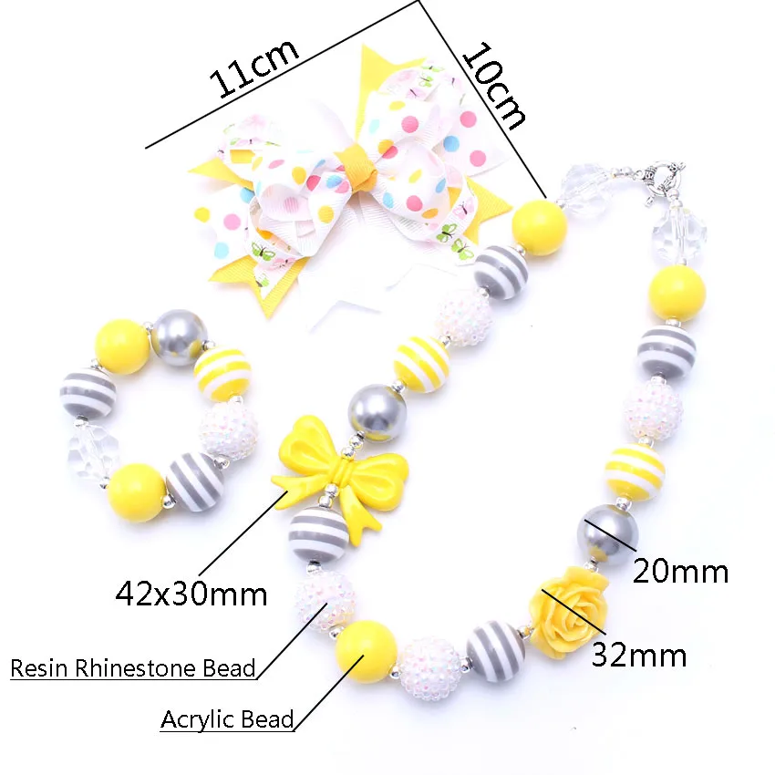 MHS.SUN Kids Jewelry Set Shiny Lemon Yellow Bubblegum Beads Necklace Bracelet Bowknot Hairclips For Girls Fashion | Украшения и
