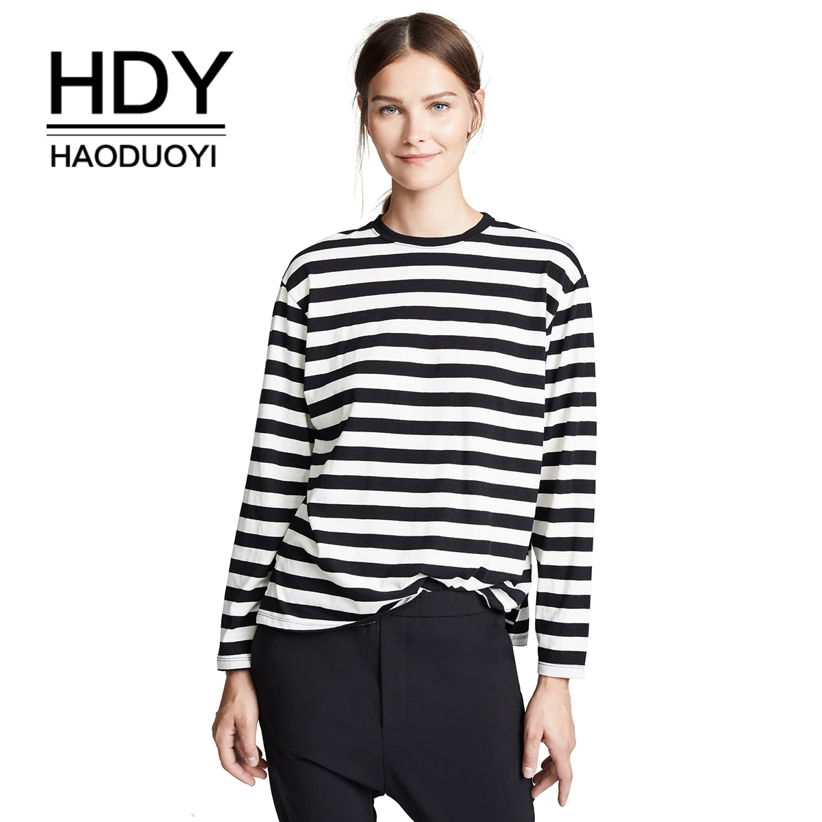 Футболка с круглым вырезом HDY Haoduoyi черная и белая в полоску хлопковая уличная