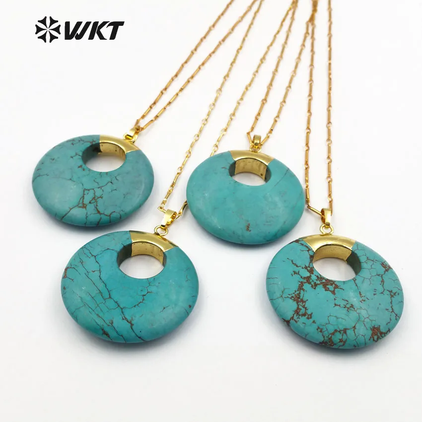 

WT-N1129 Bizarre Doughnut Shape Natural Stone With Hollow Gold Trim Necklace Pendant Bohemia Gift For Her Women Fashion Necklace