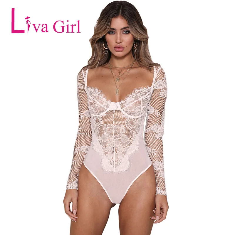 Белое Сетчатое кружевное прозрачное облегающее боди LIVA GIRL женское сексуальное